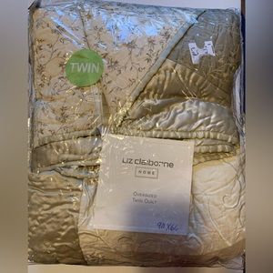 LIZ CLAIBORNE HOME neutral cotton linen patchwork floral quilt satin edge